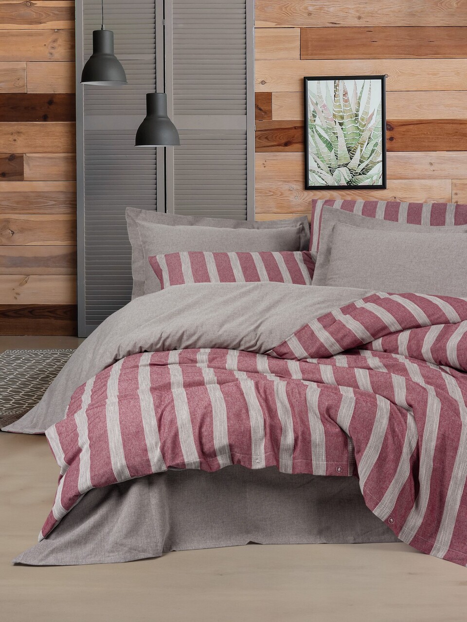 Lenjerie de pat dubla, L'essentiel Maison, Bande, Rosu claret - imagine 3